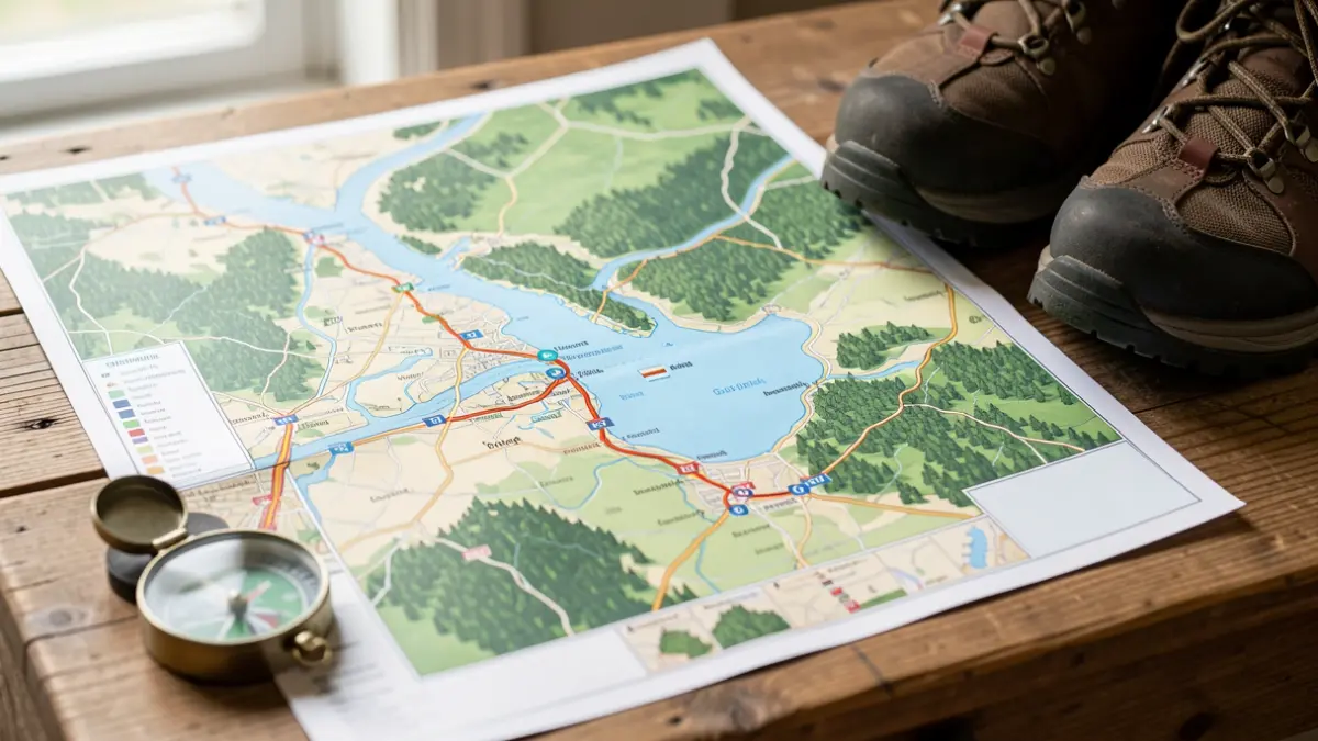 Generieke afbeelding van een wandelkaart met knooppunten, meren en bossen. Geen specifieke locaties of namen.