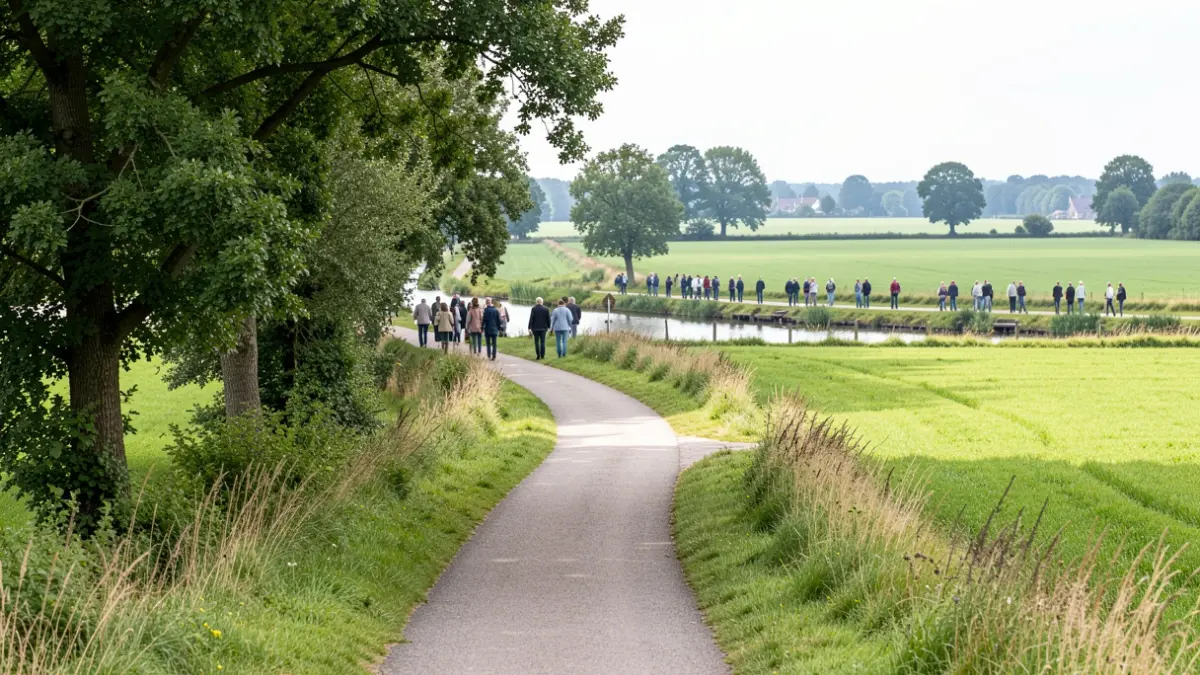 Generic image of a walking path in a green Flemish landscape with trees and fields, leading towards a canal.