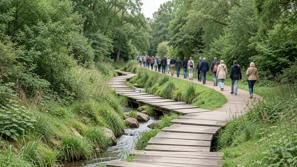 Generic image of a walking path through a green nature reserve with wooden boardwalks and stepping stones.