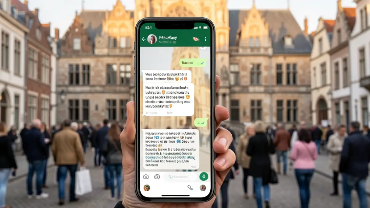 Scherm van een smartphone met een WhatsApp-gesprek over bedrijfsnieuws, met op de achtergrond de gevel van een Vlaams gemeentehuis bij zonnig weer.
