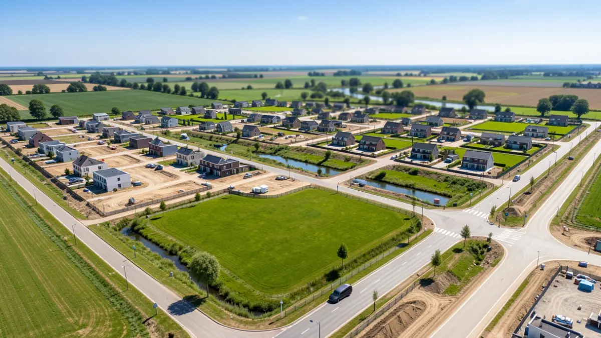 Generieke afbeelding van een nieuwe woonwijk in aanleg in Vlaanderen, met aangelegde wegen en groen.