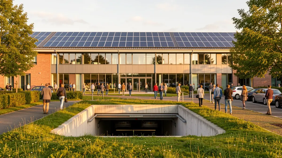 Generic image of the facade of a modern, sustainable care campus in Flanders with solar panels and greenery. Warm sunlight.