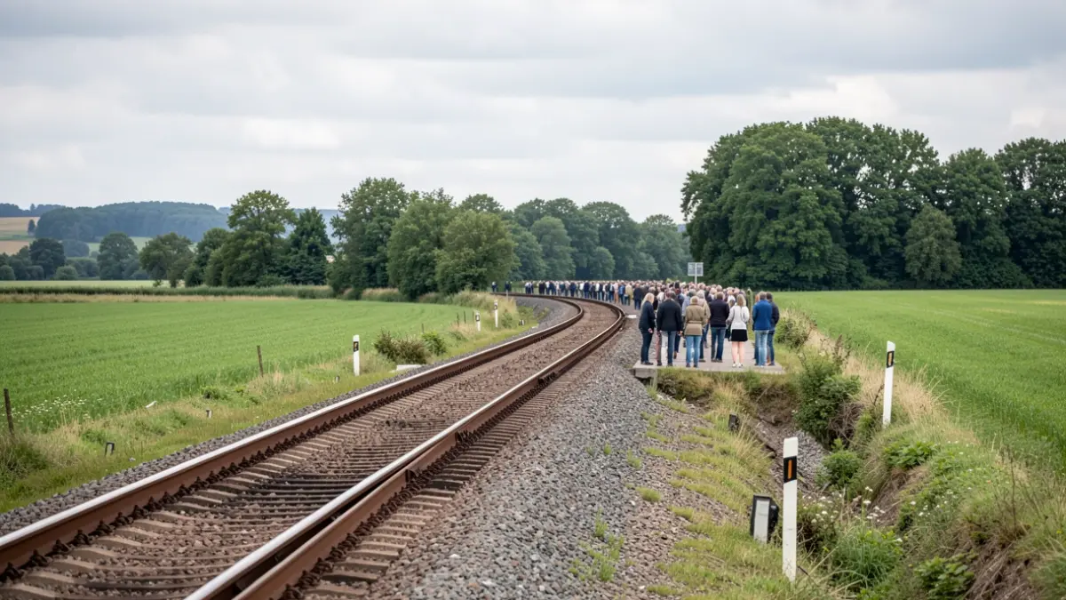 Generieke afbeelding van een Belgische spoorlijn die zich in de verte uitstrekt, omzoomd door groene velden en bomen, onder een licht bewolkte hemel.