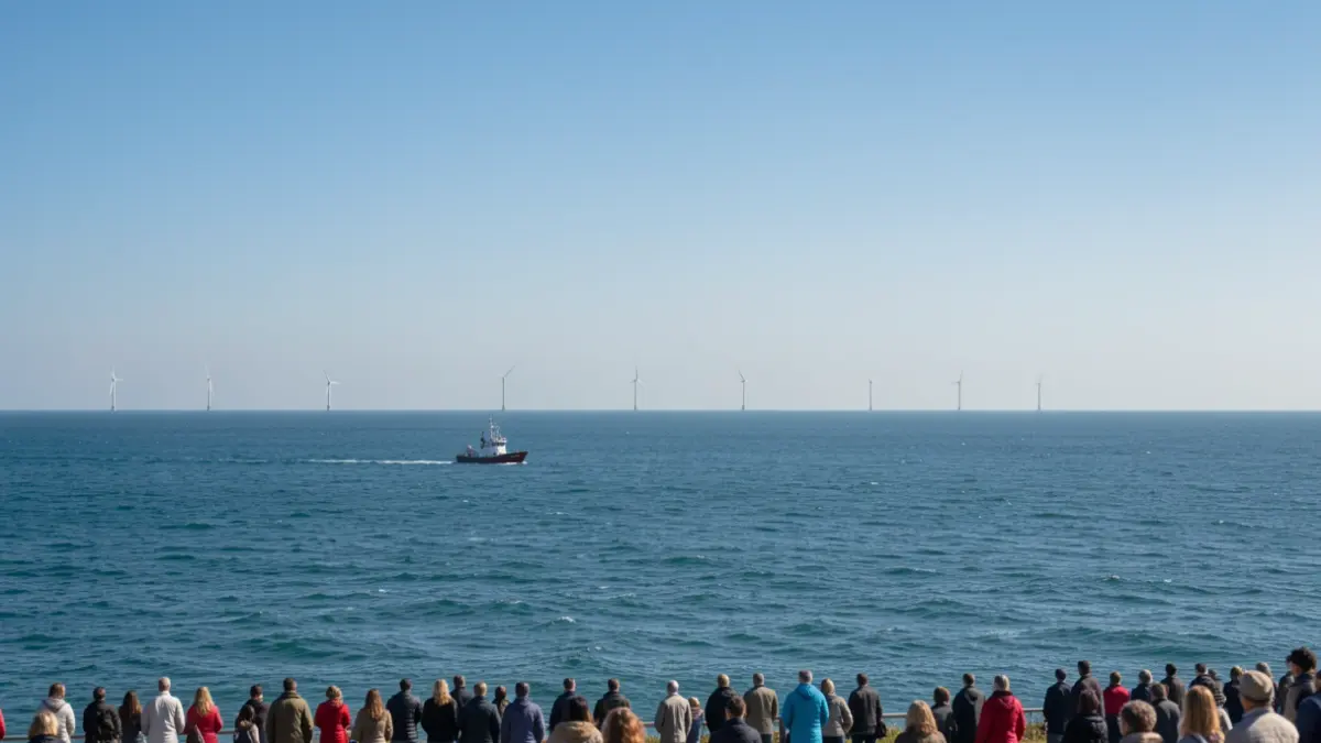 Generieke afbeelding van de Noordzee met windturbines en een vissersboot.
