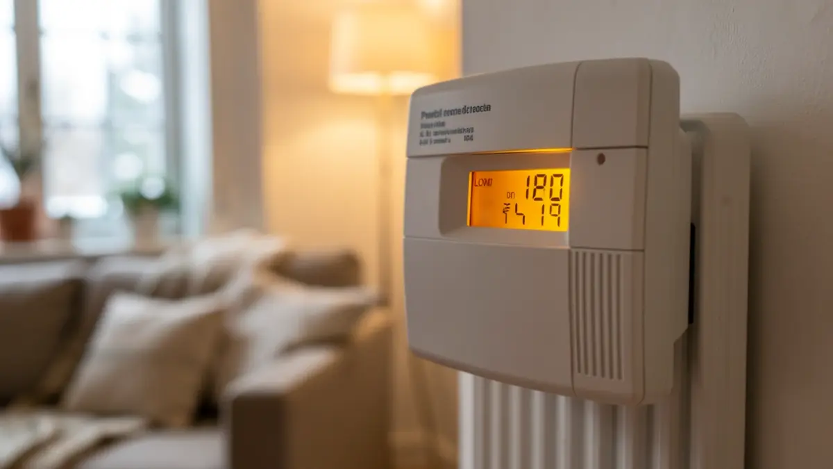 Illustratie van een prepaid elektriciteitsmeter met een laag saldo-indicator, symbool voor energiehulp in de winter.