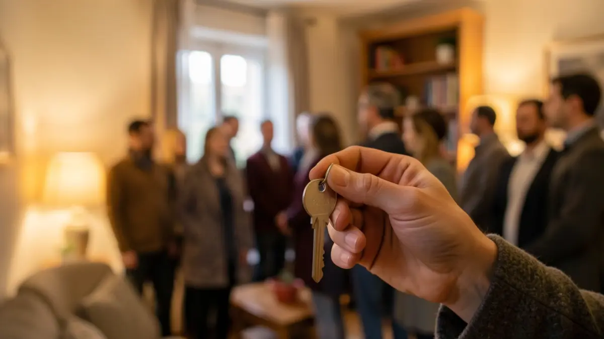 Generic image of a hand holding a key, with a blurred background of a modest apartment interior, warm and soft lighting, symbolizing home security and stability.
