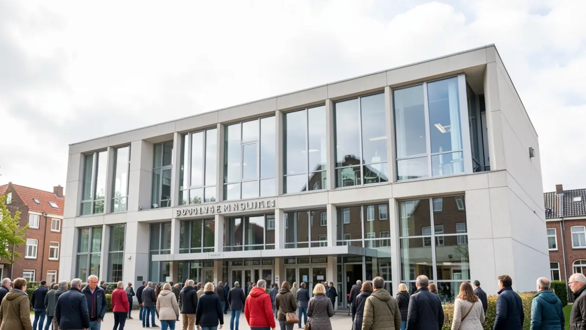 Generieke afbeelding van een modern provinciaal overheidsgebouw in Vlaanderen, België, met grote ramen en strakke lijnen, onder een heldere, licht bewolkte hemel.
