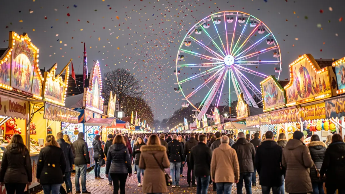Festive fair in Oostende with attractions and lights, autumn atmosphere.