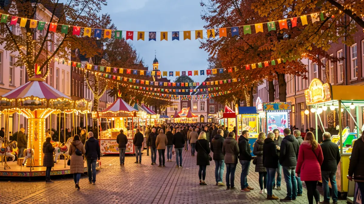 Feestelijk dorpsplein in Vlaanderen tijdens de herfstkermis met attracties en verlichting.