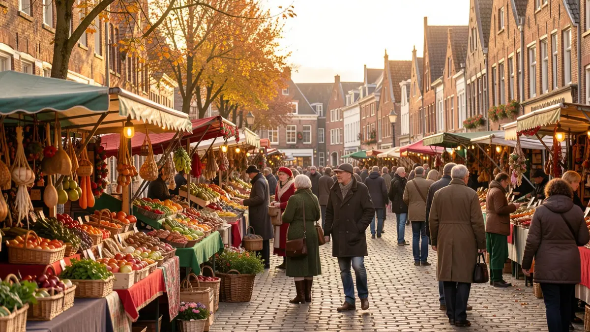 Generieke afbeelding van een drukke jaarmarkt in Vlaanderen met kraampjes en bezoekers.