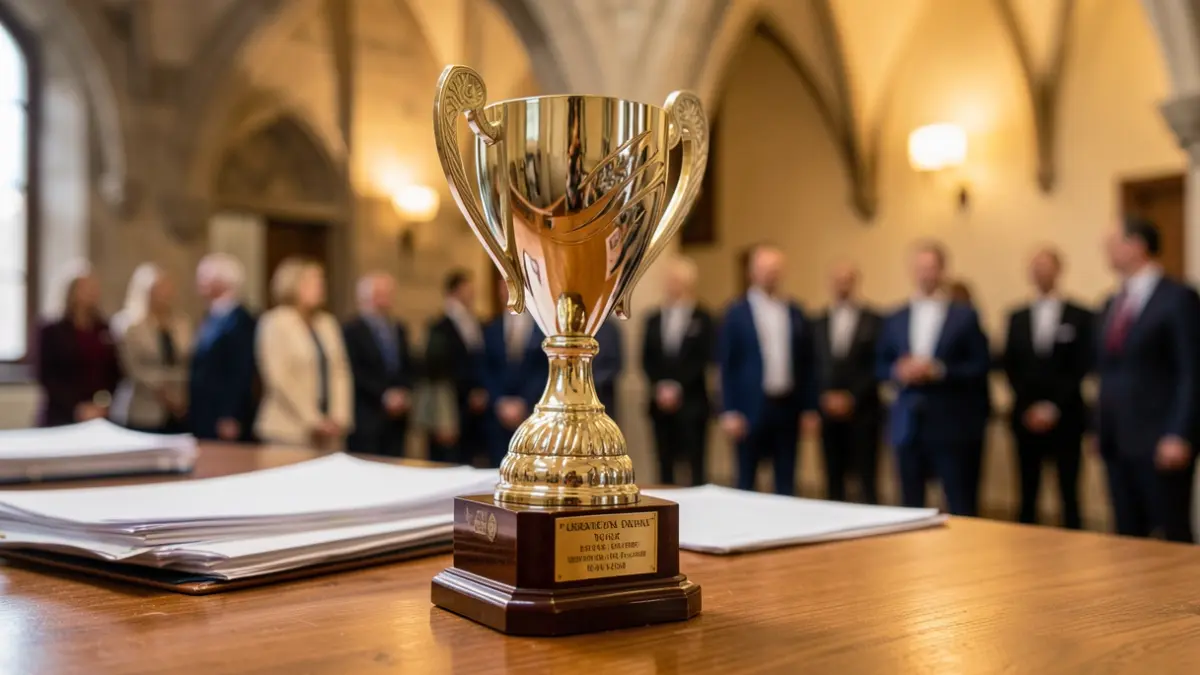 Generieke afbeelding van een trofee op een bureau met zakelijke documenten op de achtergrond.