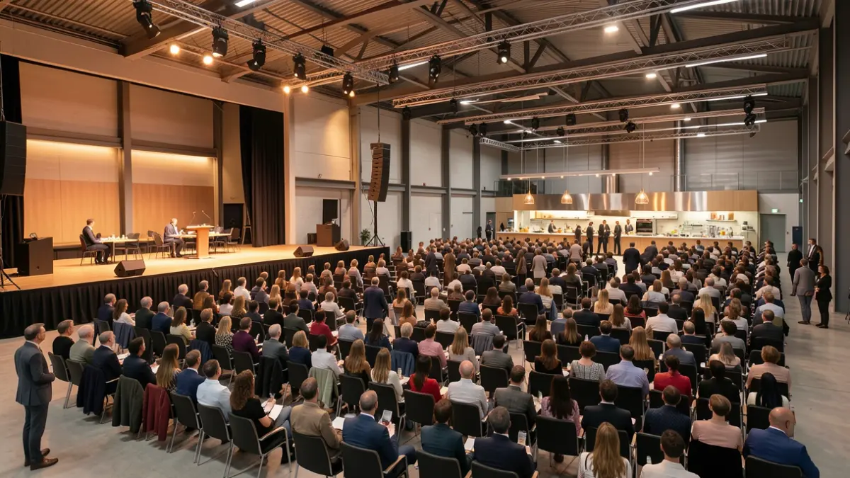Generic image of a multi-purpose hall with a stage and seating, featuring an industrial kitchen in the background. Architectural rendering style.