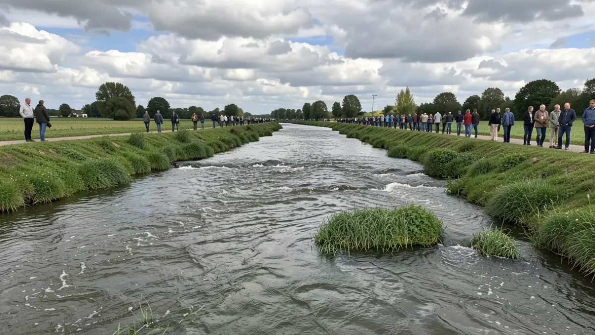 Generieke afbeelding van een rivier in Vlaanderen met een licht verlaagde waterstand, omgeven door groene oevers onder een deels bewolkte hemel.