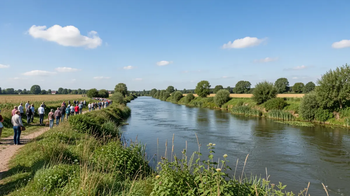 Generieke afbeelding van een rivieroever in Vlaanderen met groen gras en een kalme waterloop onder een blauwe hemel.