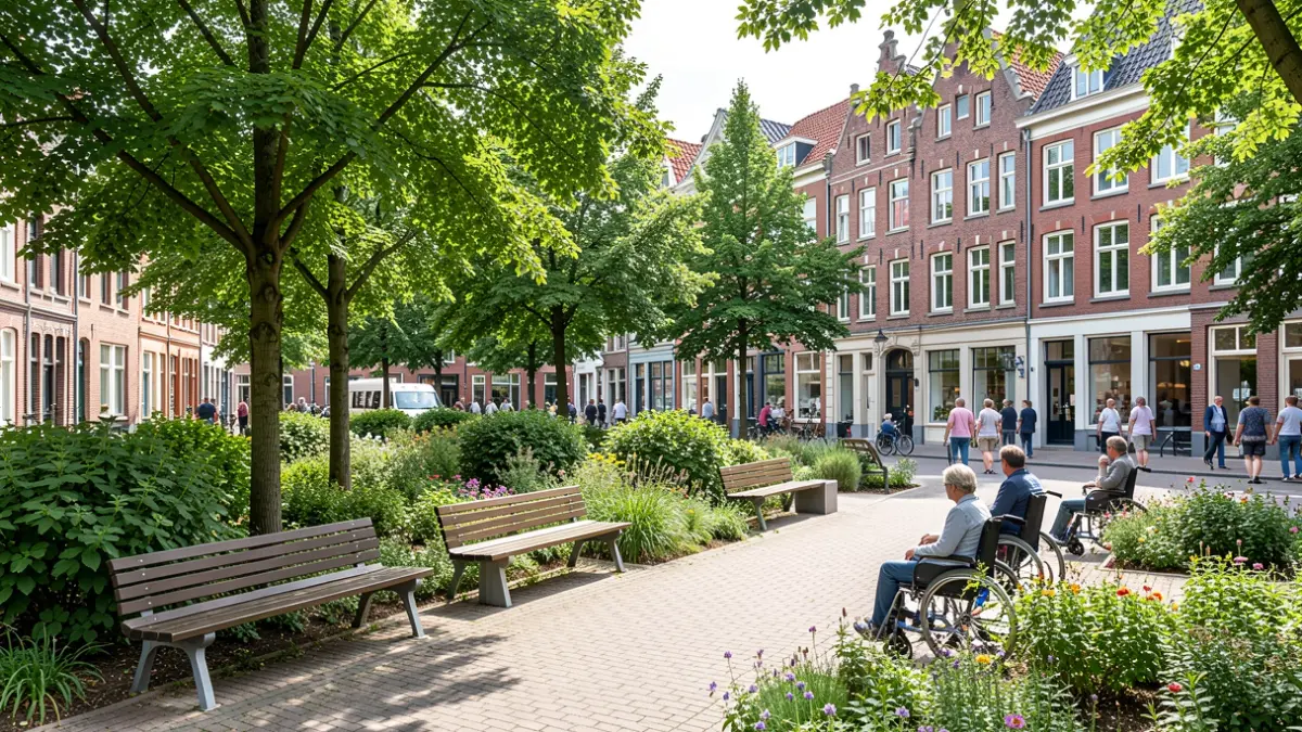 Een publiek plein in Dendermonde, België, met een mix van moderne en organische ontwerpelementen, veel groen en rustgevende zitplekken.