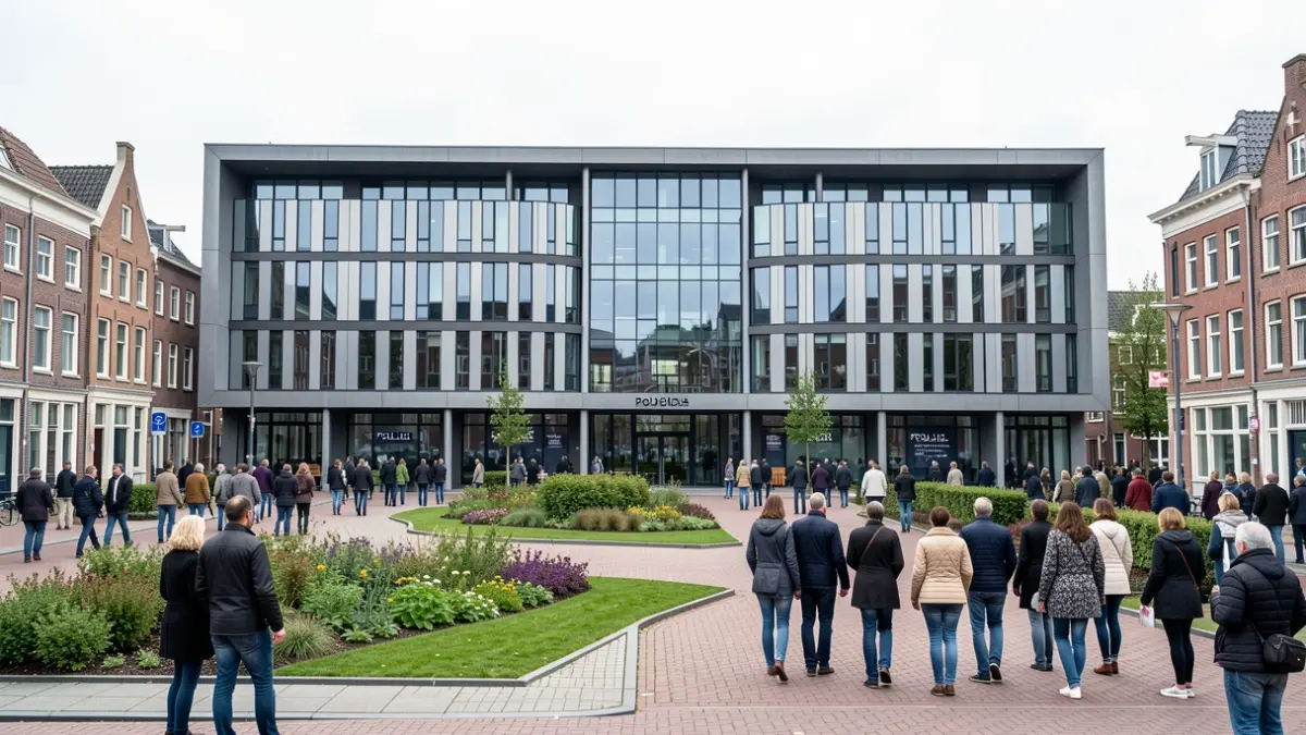 Modern police building with a new wing and central square in Ekkergemwijk, Gent.