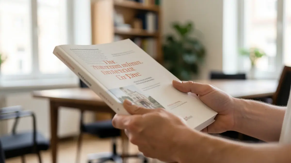 Generic image of a close-up of hands holding a guide book, with blurred background of an office or consultation room, soft natural light, shallow depth of field.
