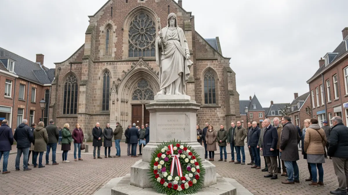 Generic image of a war memorial with a wreath of flowers in front of a church in Flanders.