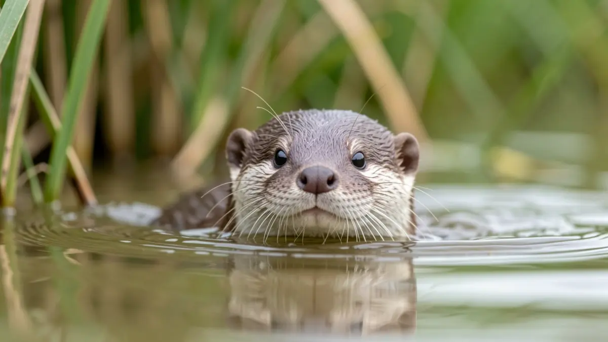 Generic image of a European otter emerging from water, with reeds and a blurred green background suggesting a natural habitat in Flanders. Soft, diffused daylight.
