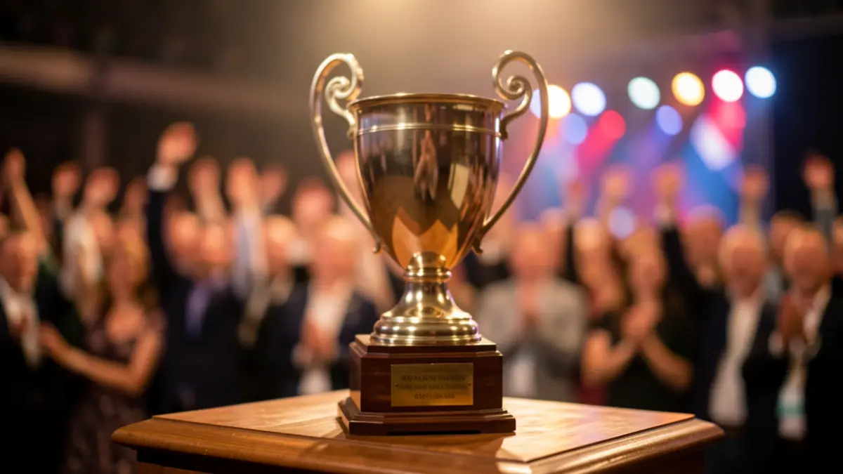 A blurred image of a sports trophy on a wooden podium, with soft, warm lighting. In the background, out of focus, are hints of a cheering crowd and stage lights. The overall atmosphere is celebratory and prestigious.