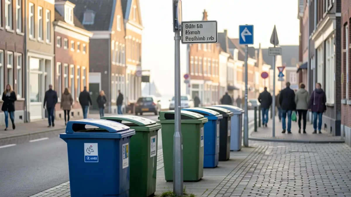 Generic image of a clean street in a Belgian coastal town with well-maintained waste bins and clear signage.
