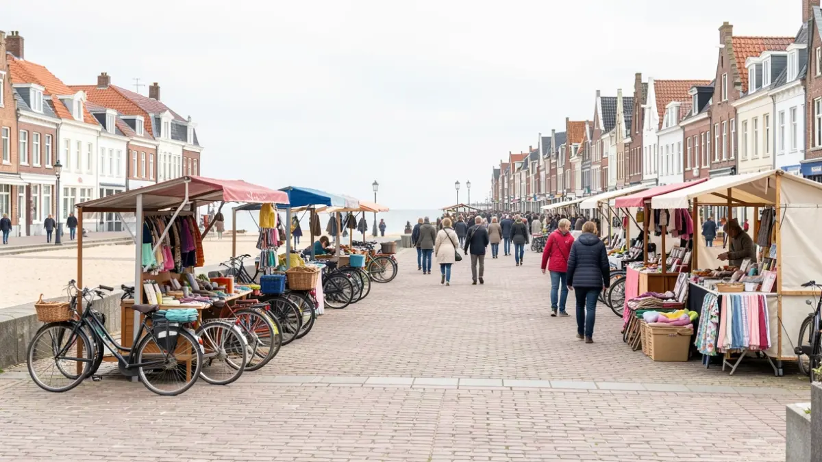 Generieke afbeelding van een kustpromenade in Vlaanderen met kraampjes en fietsen.