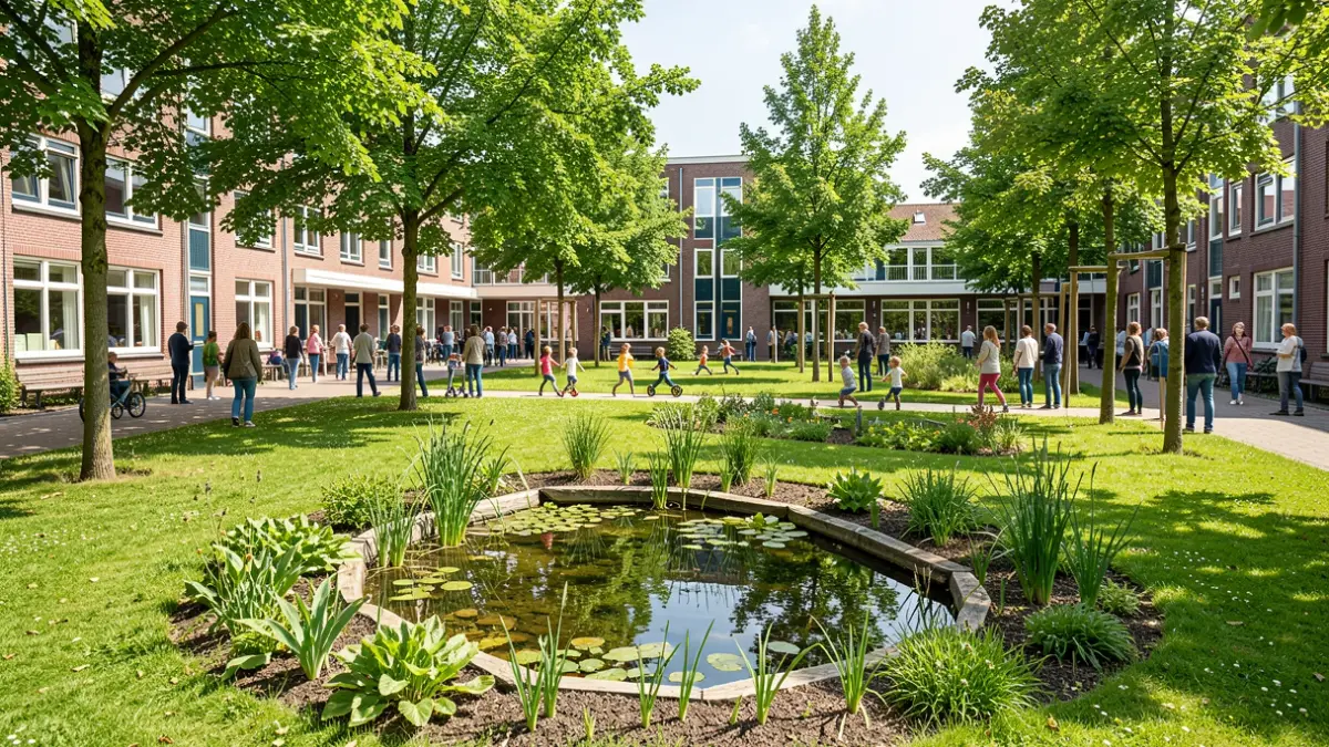 Generieke afbeelding van een groen schoolplein met regenplanten en bomen, kinderen spelen op de achtergrond.