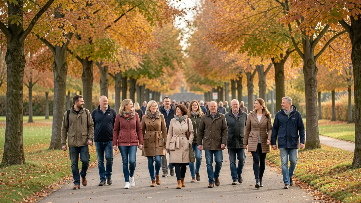 Group of people walking together on an autumn path in a Flemish park, focusing on connection and well-being.