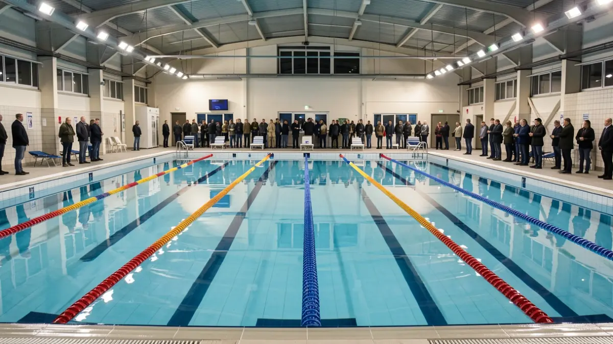 Generieke afbeelding van een zwembad met blauwe waterbanen en verlichting.