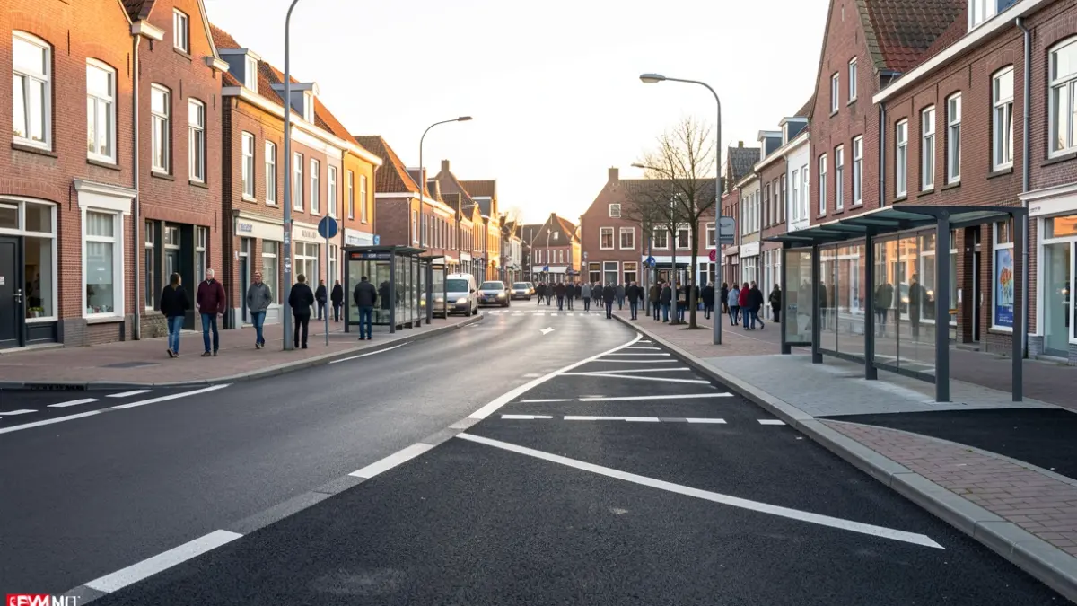 Generic image of a recently renovated intersection with new road markings and bus stops in a Flemish city.