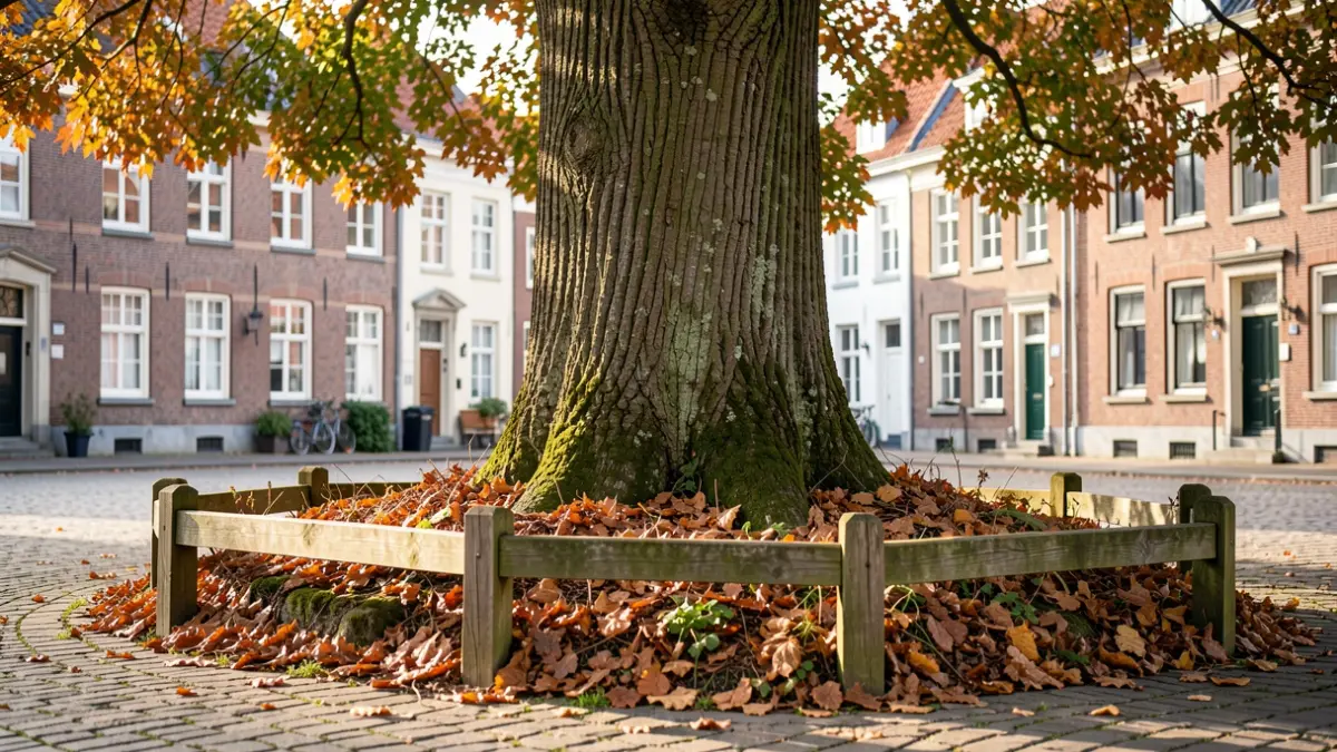 Generieke afbeelding van een lage houten omranding rond afgevallen bladeren aan de voet van een boom in een Vlaamse gemeente.