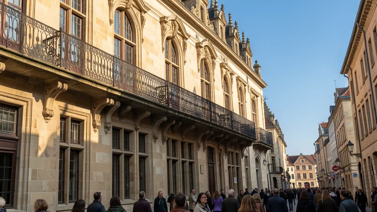 Generic image of Flemish town hall architecture with a balcony and iron railing, in warm afternoon light.