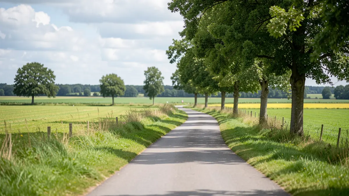 Generieke afbeelding van een pad dat door een groen Vlaams landschap slingert.