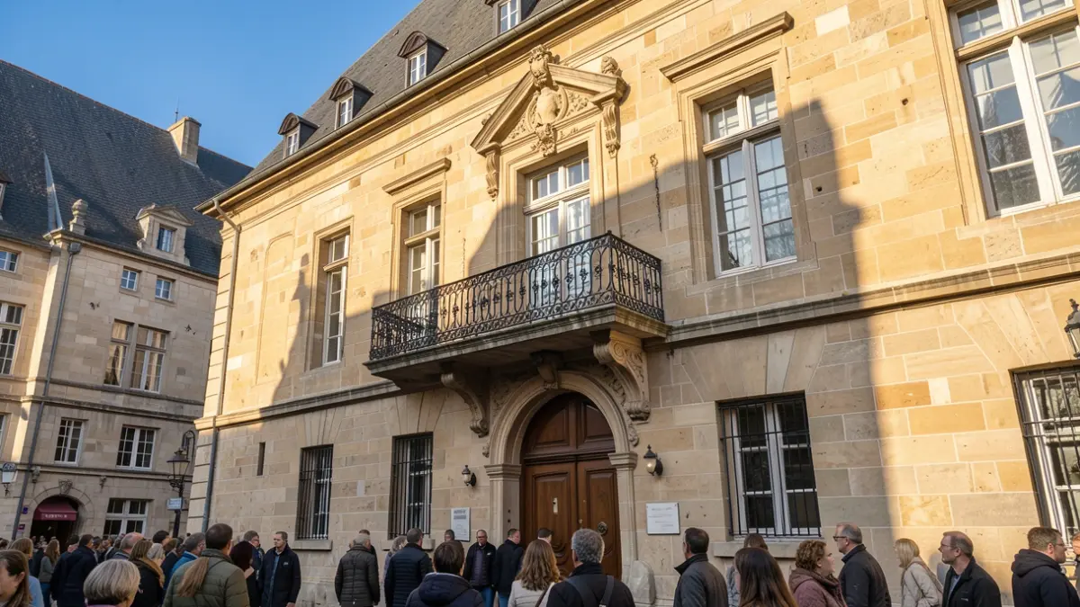 Generieke afbeelding van de gevel van een Vlaams stadhuis met een sierlijk balkon en ijzeren balustrades, warm zonlicht in de namiddag dat schaduwen werpt op de zandstenen muren, blauwe lucht, documentaire fotografie stijl.