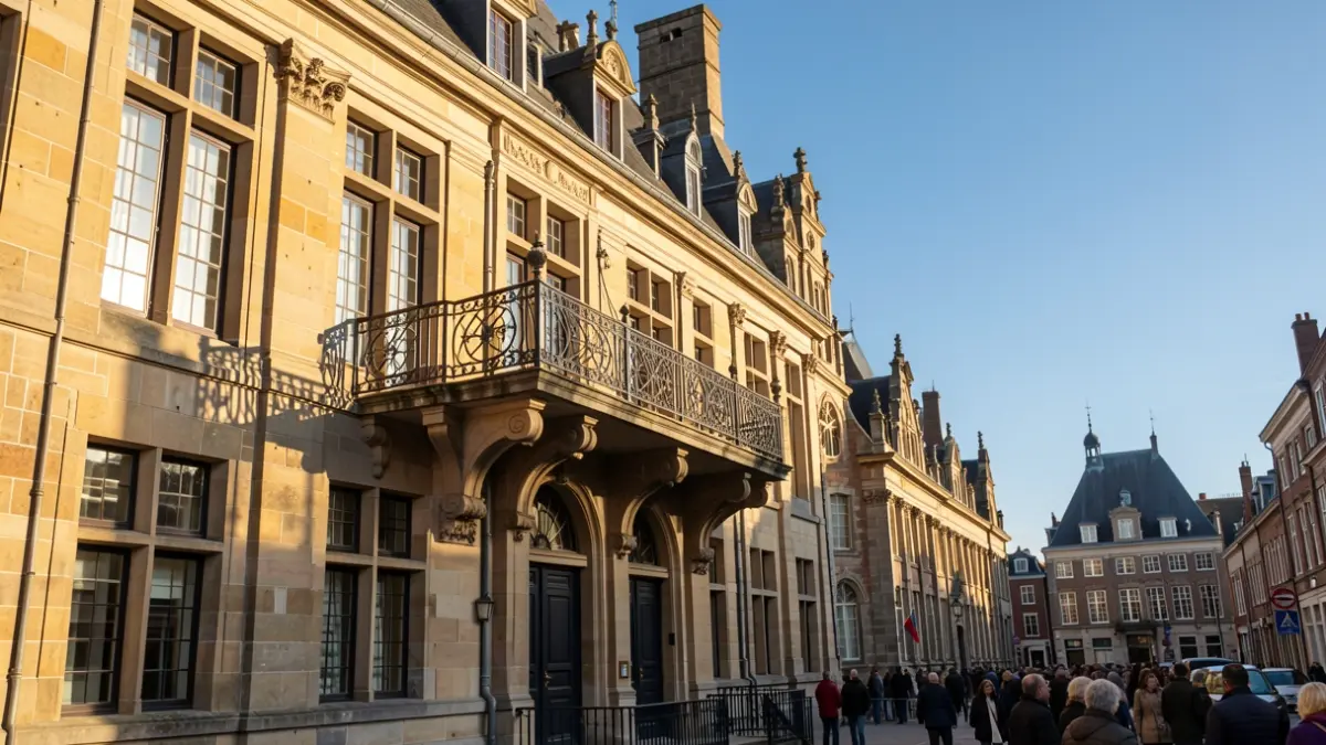 Generic image of a Flemish town hall facade with a balcony and railings, in warm afternoon light.