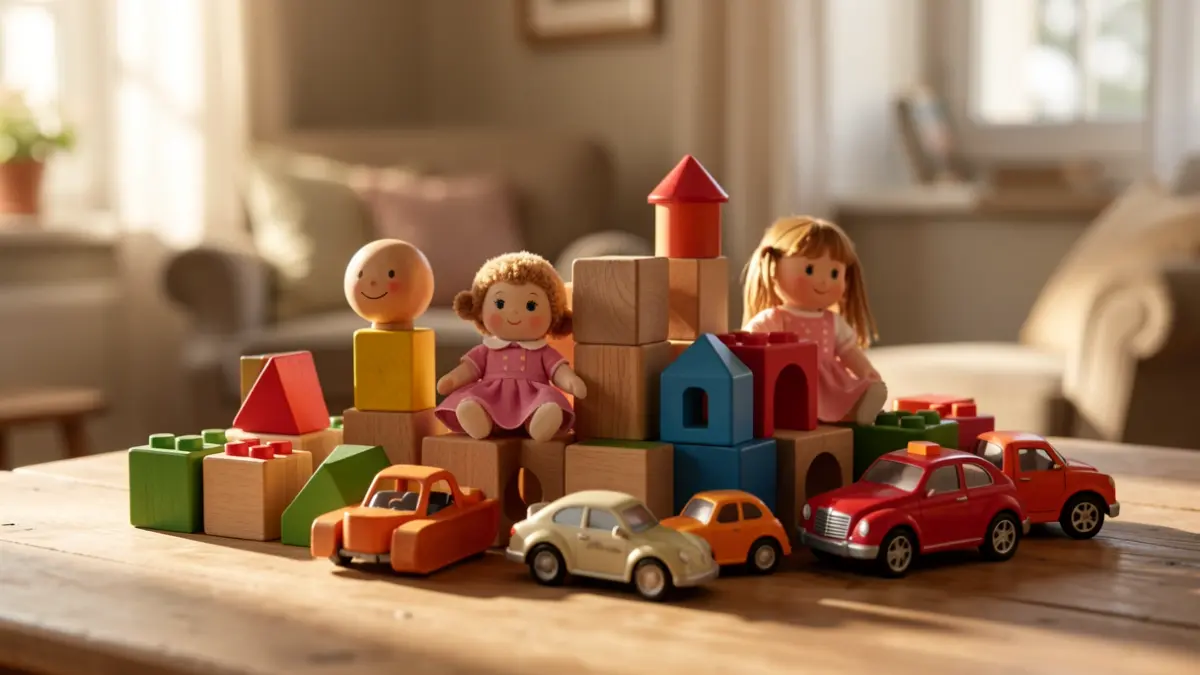 Generieke afbeelding van speelgoed, zoals blokken en poppen, op een houten ondergrond met zachte belichting.