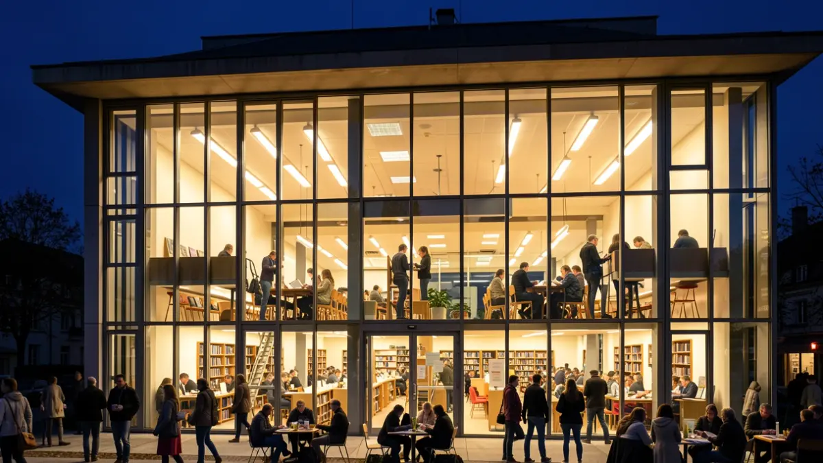Generic image of a modern library building with large glass windows, showing people inside reading and studying. Warm interior lights against a dark evening sky.