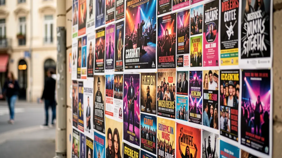 A vibrant collage of diverse event posters and flyers on a wall, with a youthful and energetic atmosphere.