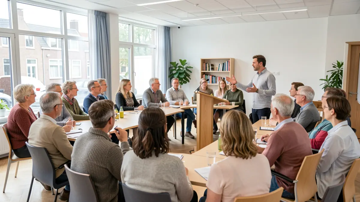Een diverse groep mensen in een moderne vergaderruimte in Vlaanderen, in gesprek. Een persoon staat aan een spreekgestoelte. Focus op interactie en Vlaamse architectuur.
