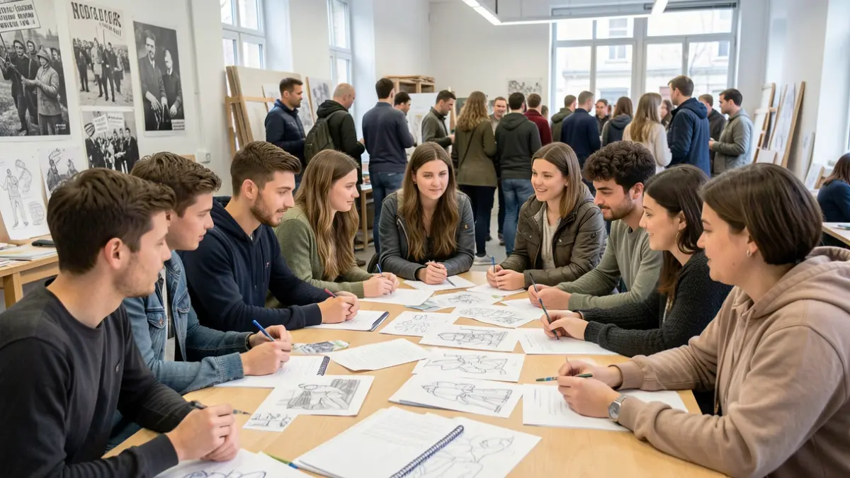 Generic image of a group of diverse young people and adults collaborating around a table filled with sketches and letters, in a bright, modern workshop space. The atmosphere is creative and engaged, with subtle elements of historical protest imagery in the background.