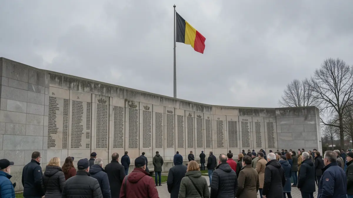 Generic image of a war memorial in Flanders with a Belgian flag at half-mast against a grey sky.