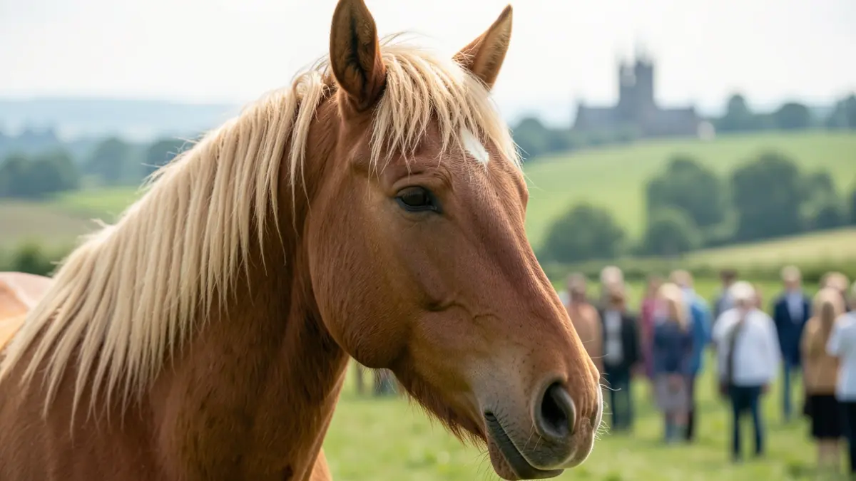 Generieke afbeelding van een paardenhoofd in een therapeutische omgeving, met zacht licht en een wazige achtergrond die doet denken aan het Vlaamse platteland.