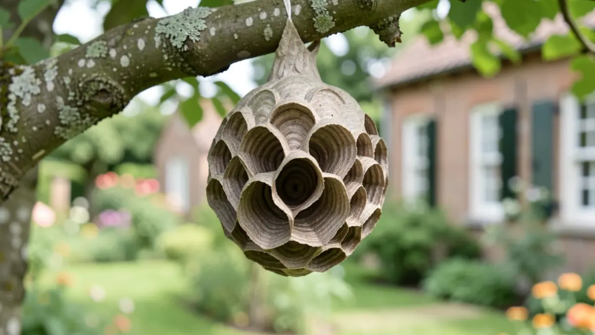Gedetailleerde close-up van een grote Aziatische hoornaarnest in een boom, met focus op de structuur.