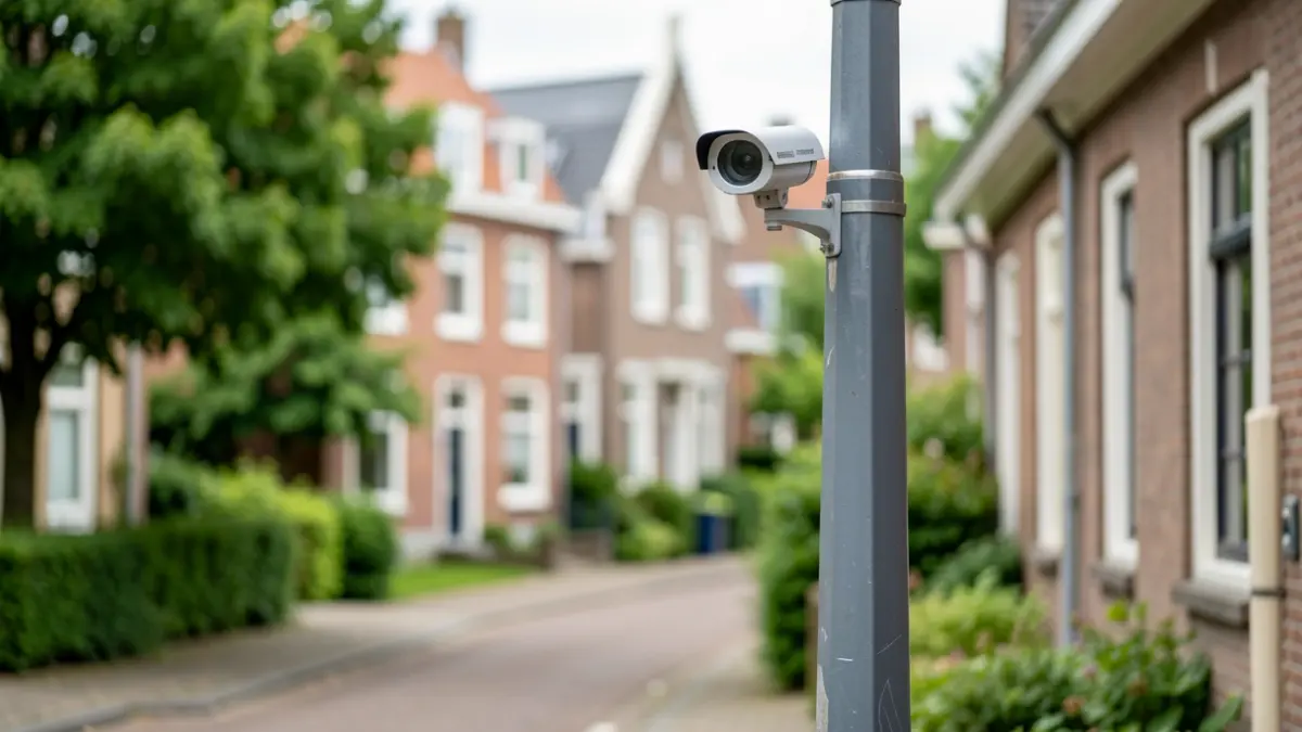 Een bewakingscamera op een paal in een Vlaamse straat, gericht op het tegengaan van sluikstort.