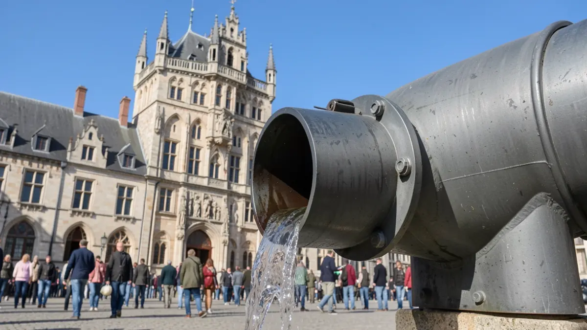 Generieke afbeelding van een aansluitingspunt van een rioleringsbuis met stromend water, tegen de achtergrond van een Vlaamse gemeentehuisgevel onder een blauwe hemel.