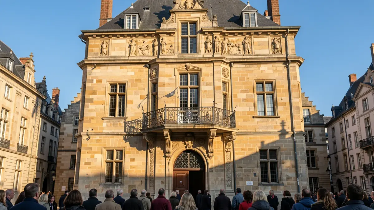 Generieke afbeelding van de gevel van een historisch Vlaams stadhuis met een sierlijk balkon en ijzeren balustrades, badend in warm middaglicht dat lange schaduwen werpt op de zandstenen muren, met een helderblauwe lucht.