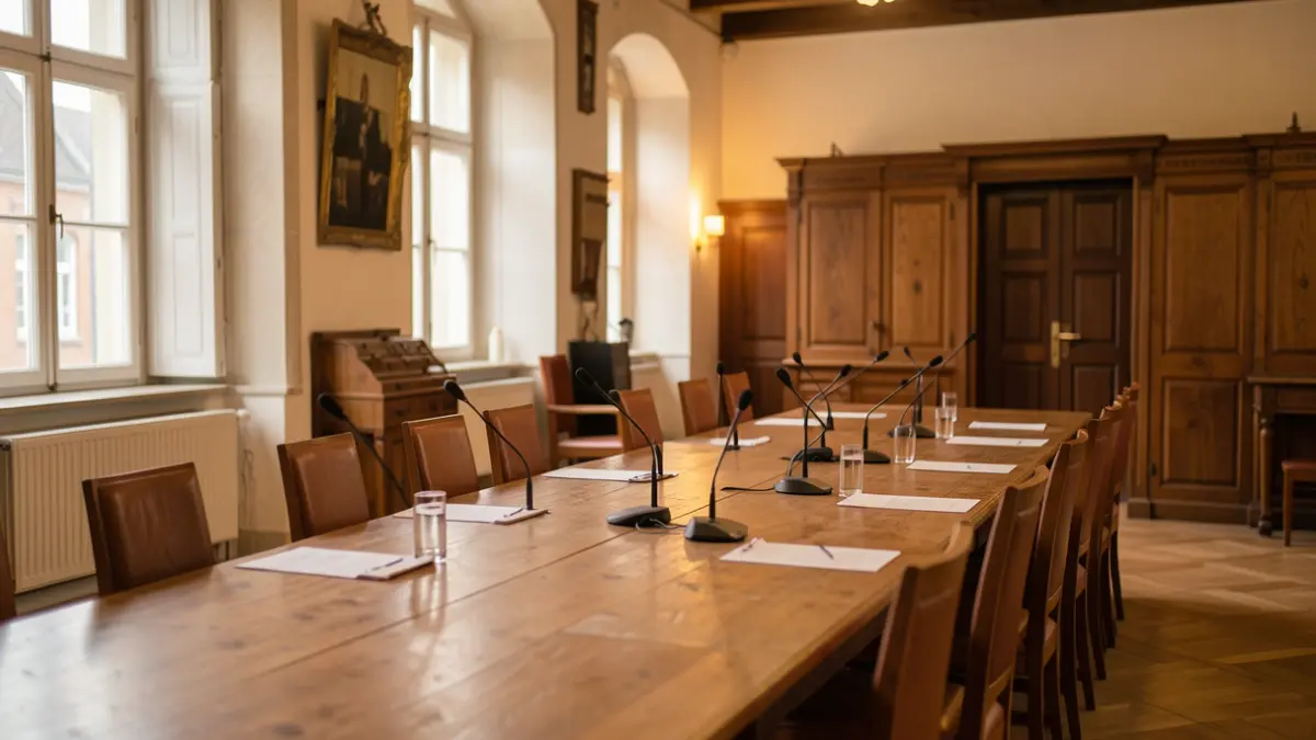 Generic image of a meeting room in a Flemish town hall with a long table, chairs, and microphones.