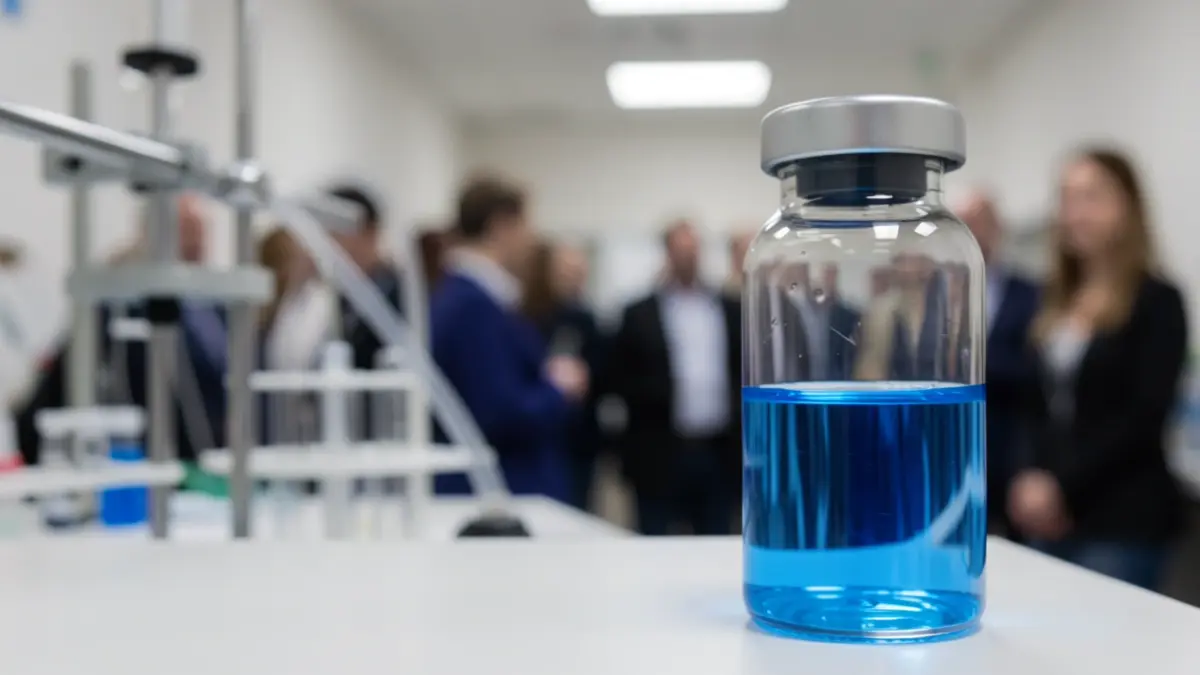 Generieke afbeelding van een flesje met gloeiende blauwe vloeistof, symbool voor medische isotopen, met vage laboratoriumapparatuur op de achtergrond.