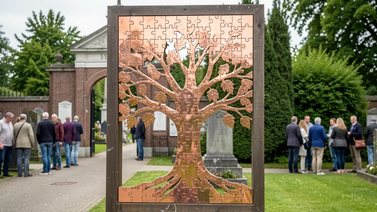 De gerestaureerde 'Paradijspoort' met koperen puzzelstukken die een lindeboom vormen, bij de ingang van een begraafplaats in Retie.
