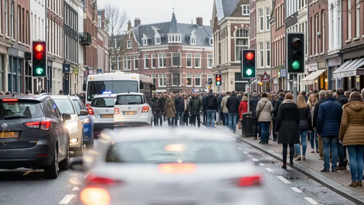 Generieke afbeelding van een drukke straat met verkeerslichten en nat asfalt, met op de achtergrond Vlaamse architectuur.